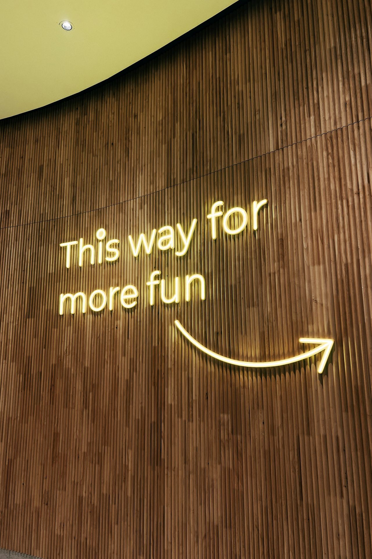 A sign on a wall that says this way for more fun